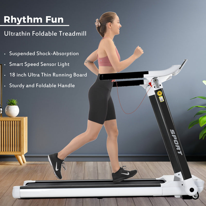 Portable Compact Treadmill, Electric Motorized 3.5Hp, 14Km / H, Medium Running Machine Motorised Gym 330Lbs, Foldable For Home Gym Fitness Workout Jogging Walking, Bluetooth Speaker App Fitime - White