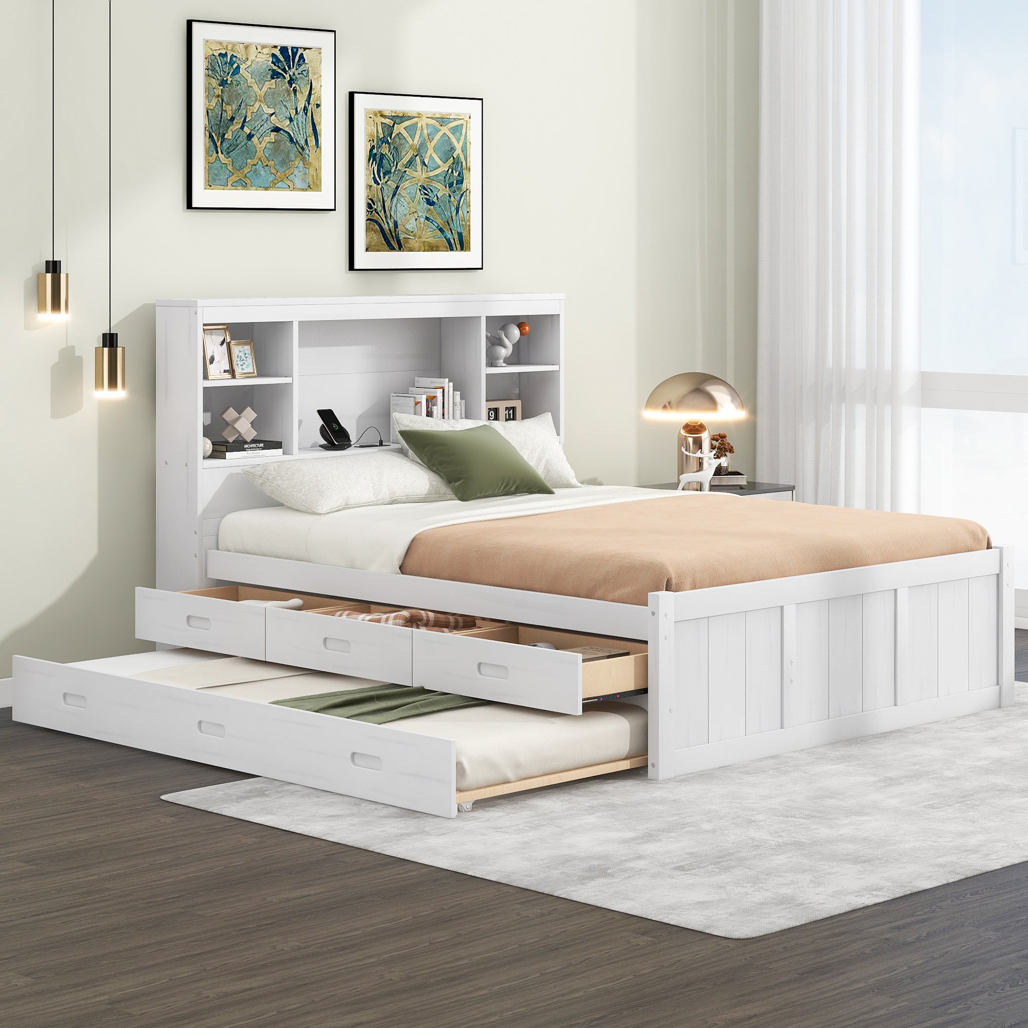 Full Size Platform Bed with Storage Headboard, Charging Station, Twin Size Trundle and 3 Drawers, Antique White - Atlantic Fine Furniture Melbourne FL