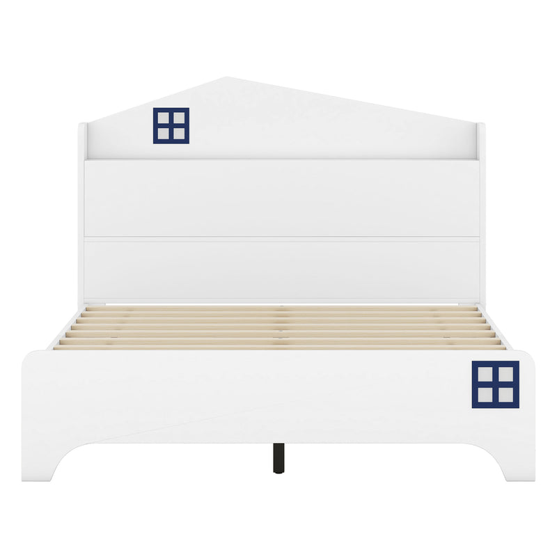 Wooden Full Size House Bed with Storage Headboard ,Kids Bed with Storage Shelf,White