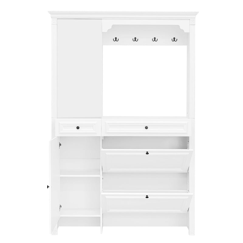 Hall Tree With Integrated Shoe Cabinet And Mirrored Cabinet Door, Coat Hanger, Entryway Bench, 4 In 1 Design, 2 Flip Drawers, 4 Hooks And 2 Cabinets For Entrance, Living Room - White