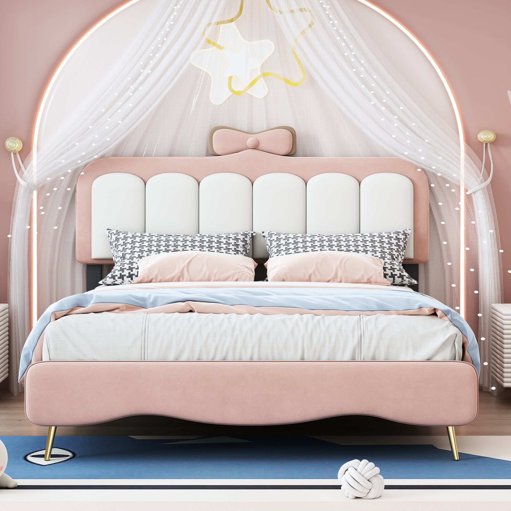 Full size Velvet Princess Bed With bow-knot Headboard,Full Size Platform Bed with Headboard and Footboard,White+Pink