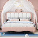 Full size Velvet Princess Bed With bow-knot Headboard,Full Size Platform Bed with Headboard and Footboard,White+Pink