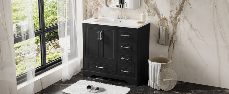 Traditional Bathroom Vanity With Resin Sink Combo Set, Bathroom Cabinet With Two Doors And Four Drawers