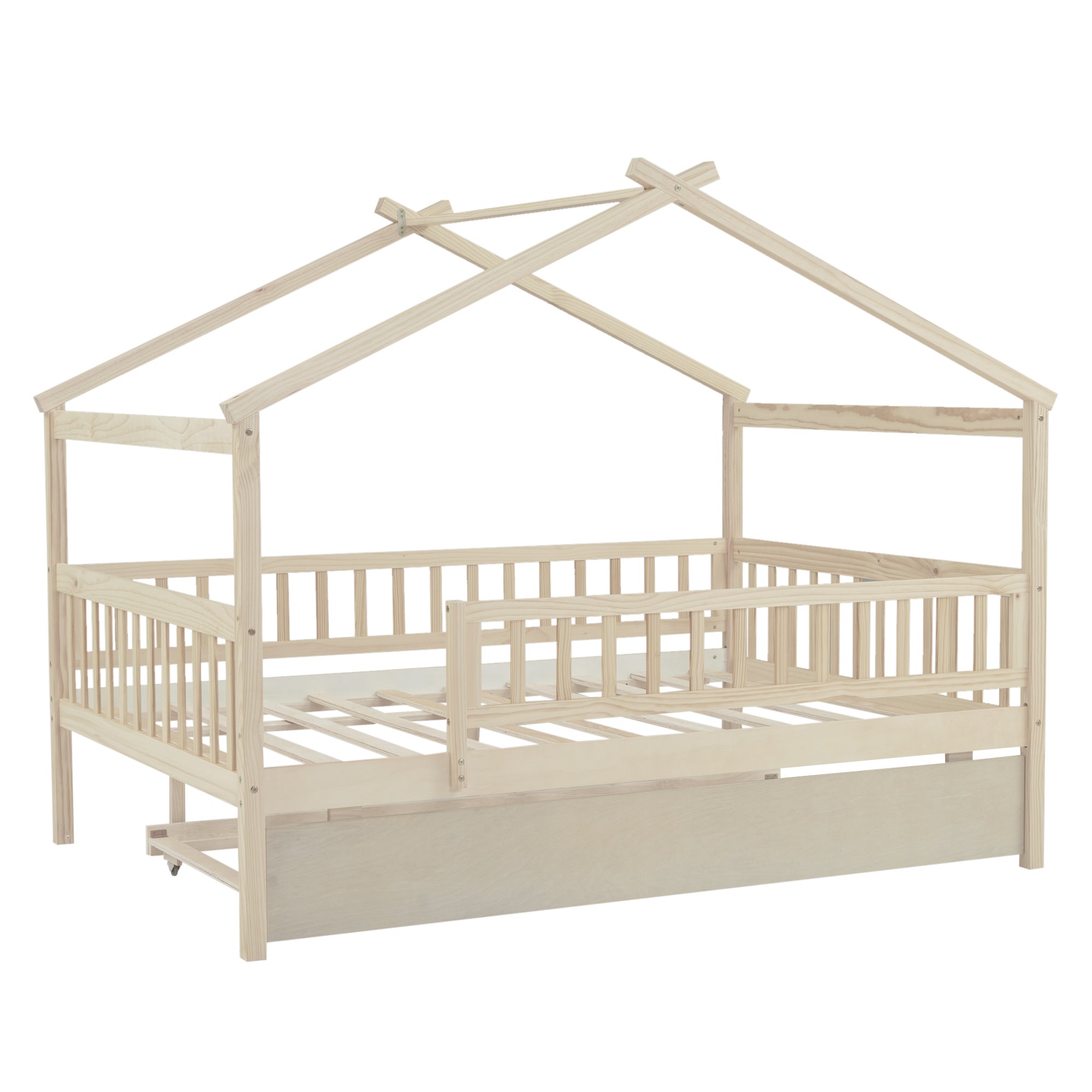 Full Size Wooden House Bed with Twin Size Trundle, Natural - Atlantic Fine Furniture Melbourne FL