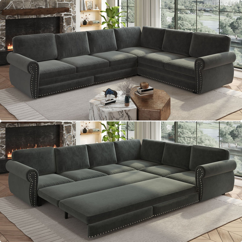 L-Shaped Sofa Couch With Pull Out Bed With Nailhead Trim & Rolled Arm, Sectional Couches, For Living Room - Dark Gray