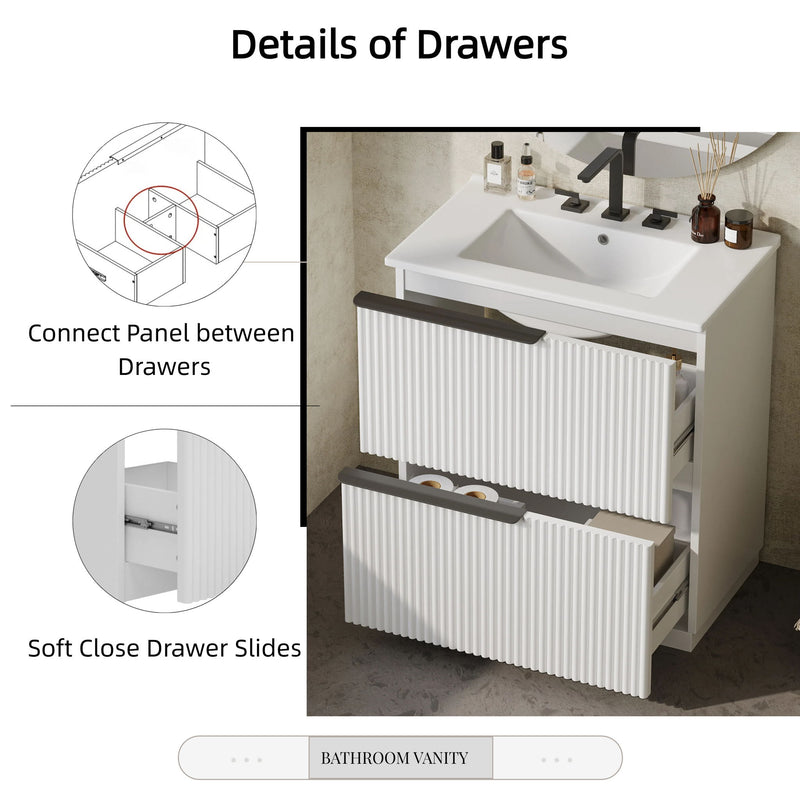 Fluted Bathroom Vanity With Ceramic Sink, Freestanding Cabinet