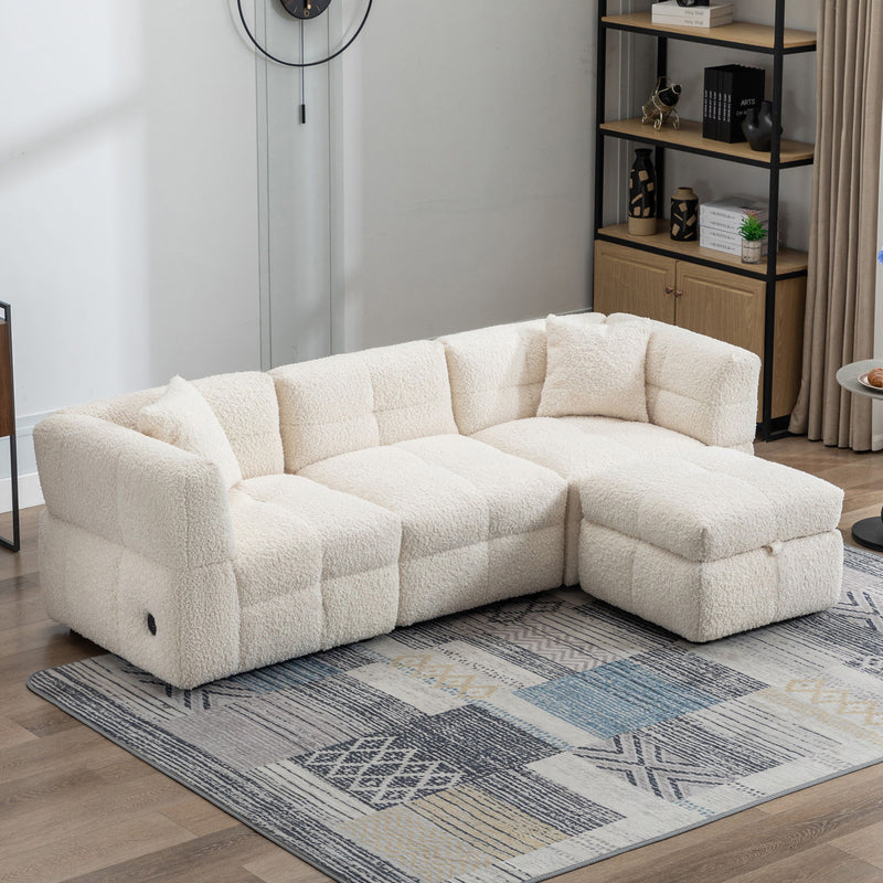 Sectional Sofa Cozy Teddy Fleece Sectional Sofa Couch With Two USB Ports A Movable Storage Ottoman And Two Lumbar Pillows For Living Room