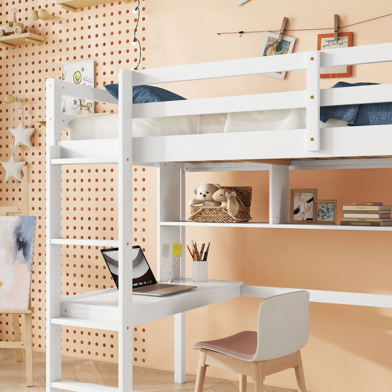 Loft Bed With Desk And Shelves, Safety Guardrail And Ladder