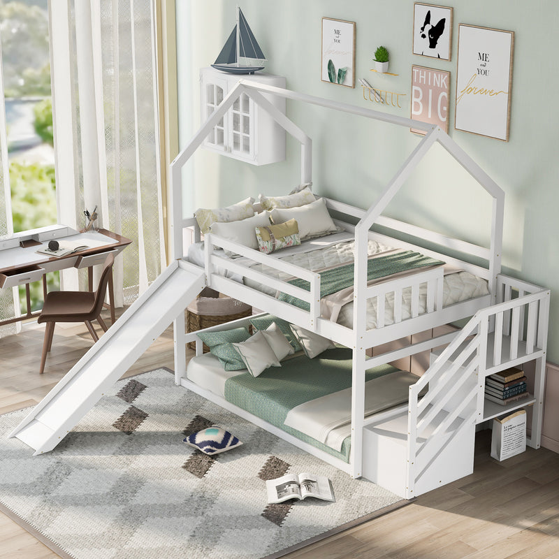 Twin over Twin House Bunk Bed with Convertible Slide,Storage Staircase,White