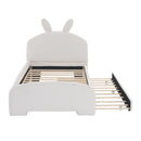 Twin Size Upholstered Platform Bed with Cartoon Ears Shaped Headboard and Trundle, White
