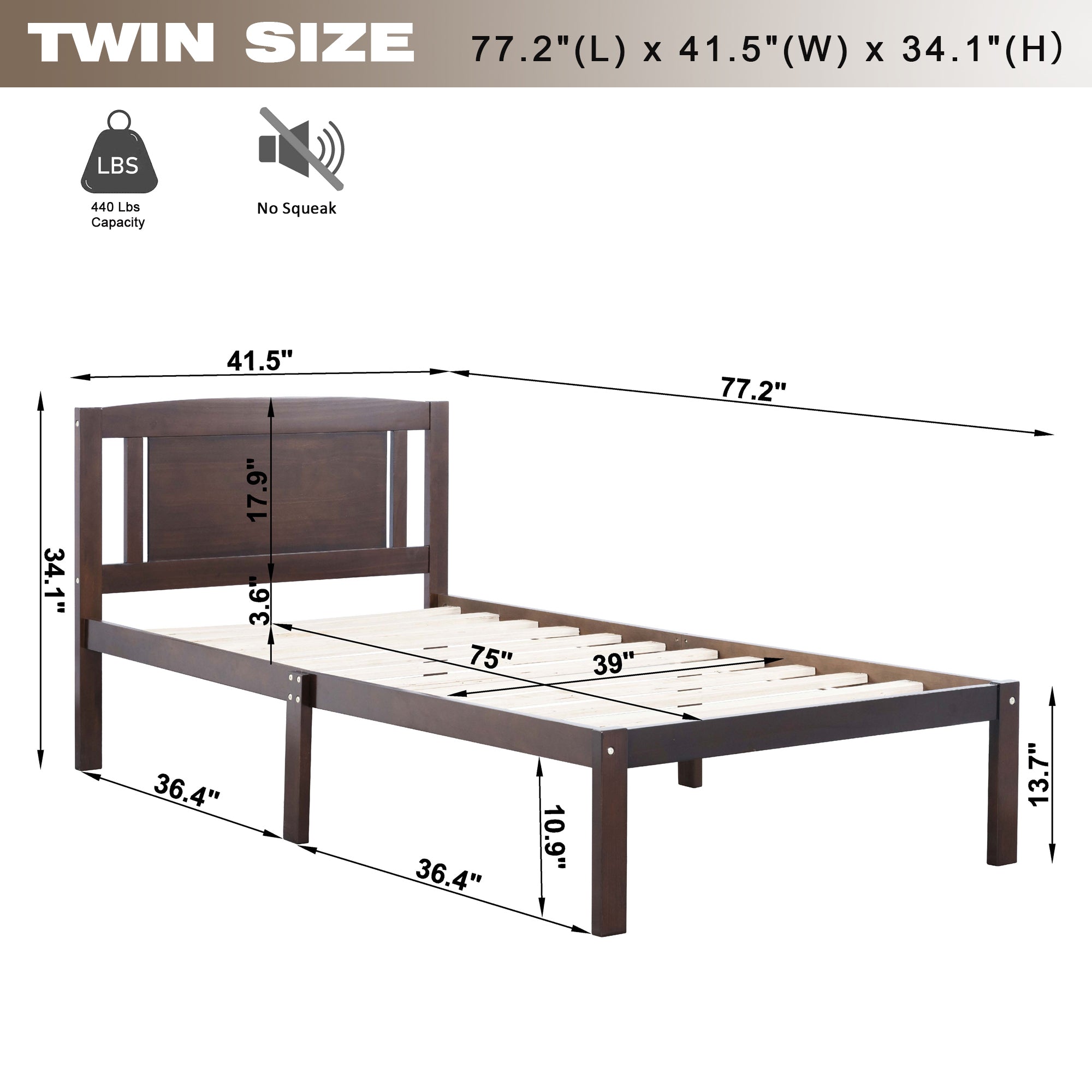 Twin Size Bed, Wood Platform Bed Frame with Headboard For Kids, Slatted, Dark Walnut - Atlantic Fine Furniture Melbourne FL