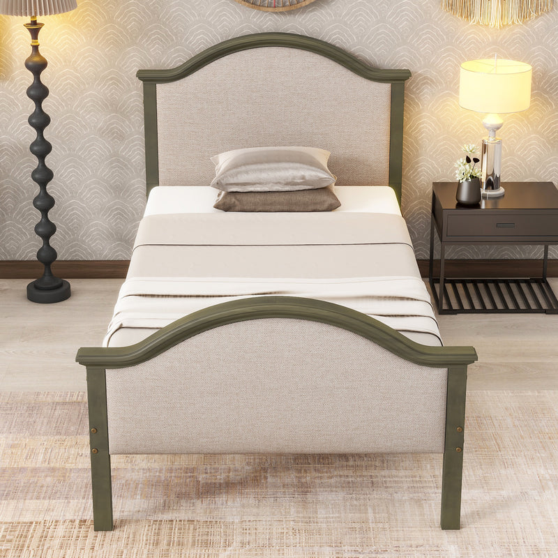 Twin Bed with Upholstered Headboard and Footboard, with Slats,Grey