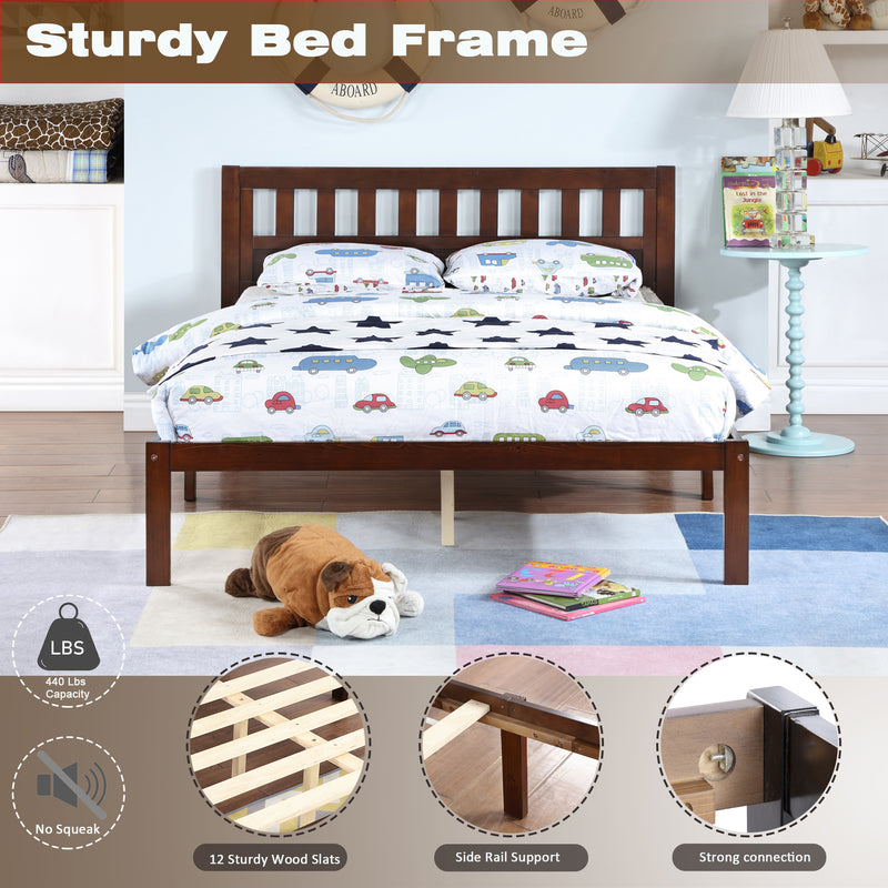 Full Size Bed, Wood Platform Bed Frame with Headboard For Kids, Slatted, Dark Walnut