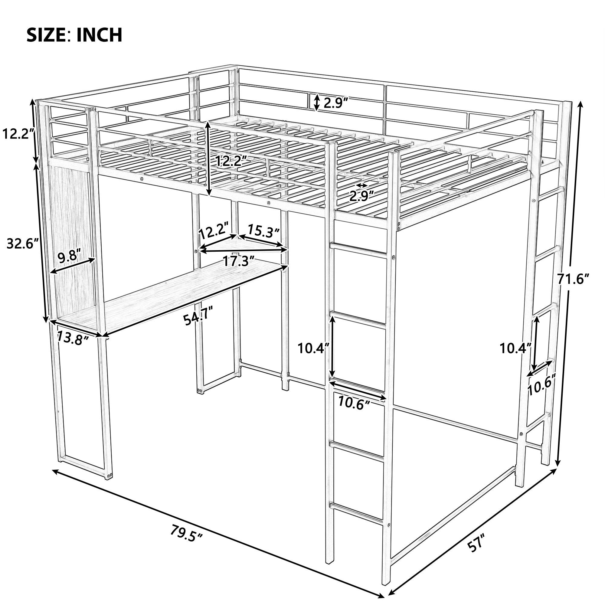 Full Size Metal Loft Bed with 2 Shelves and one Desk ,White (Old SKU: LP000191AAK ) - Atlantic Fine Furniture Melbourne FL