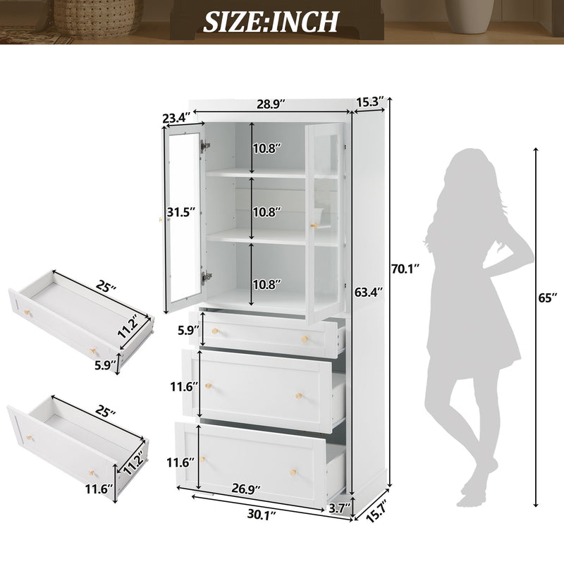 Freestanding Tall Bathroom Cabinet With 2 Adjustable Shelves, 3 Drawers, Soft Close Glass Doors - White