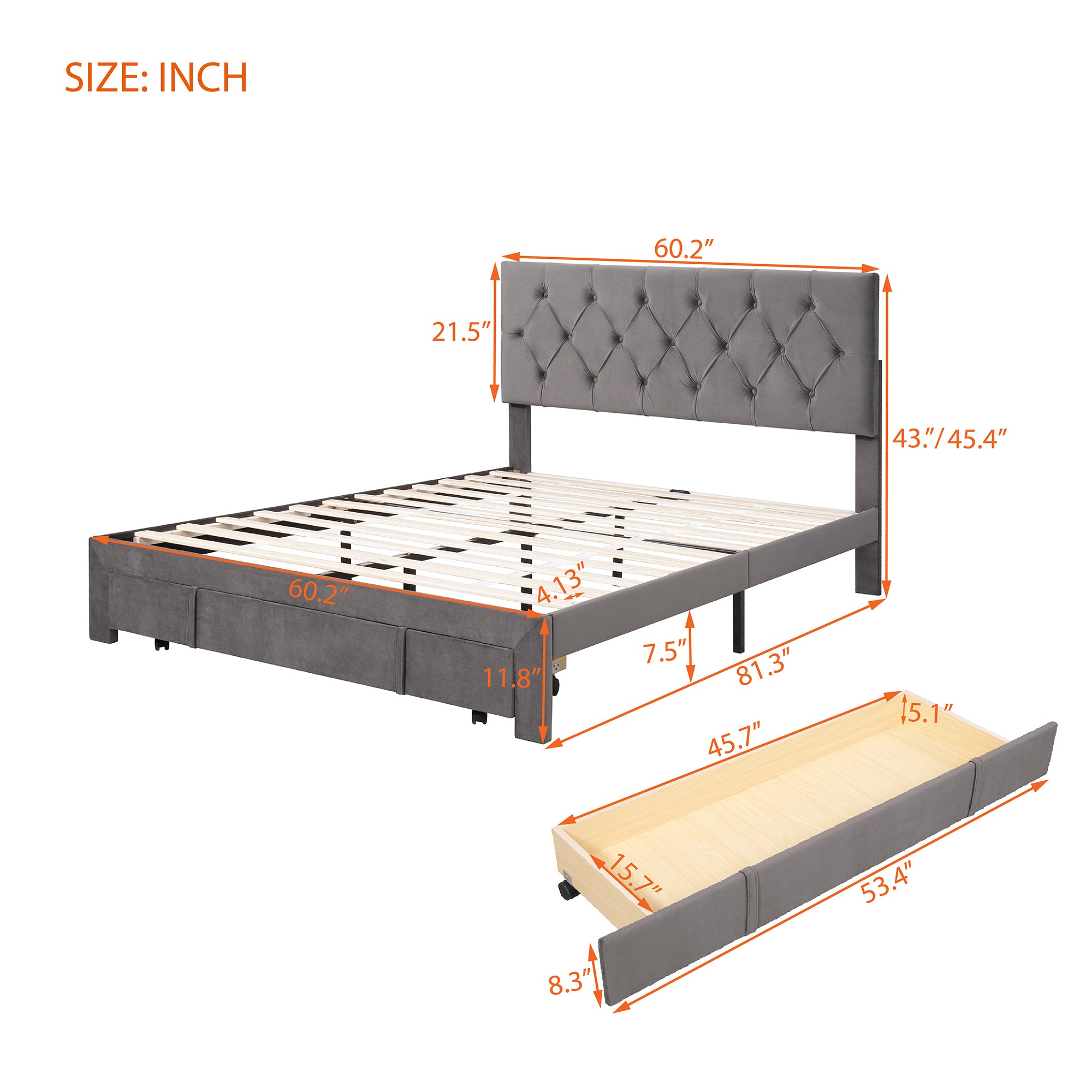 Queen Size Storage Bed Velvet Upholstered Platform Bed with a Big Drawer - Grey - Atlantic Fine Furniture Melbourne FL