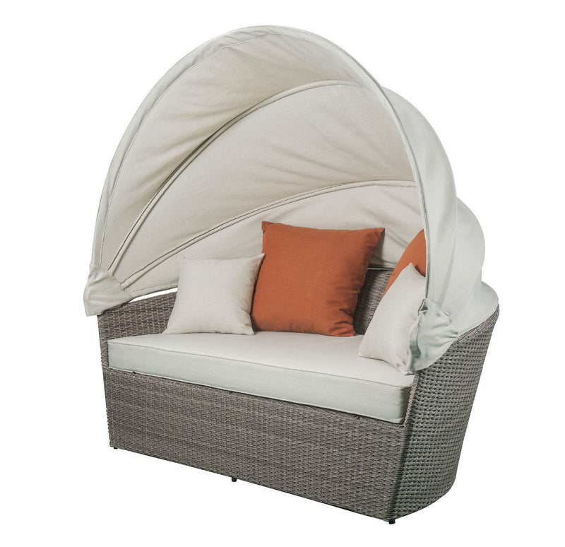 Salena - Patio Canopy Sofa With 4 Pillows & Ottoman - Beige Fabric & Gray Wicker
