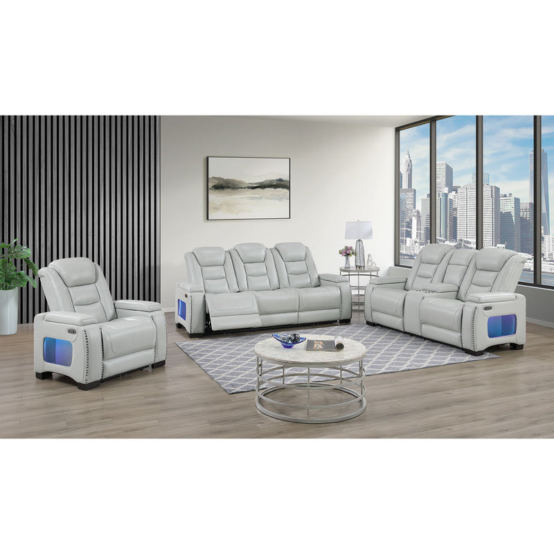 Power Console Loveseat With Power Headrest USB LED And Bookshelf Arms - Grey