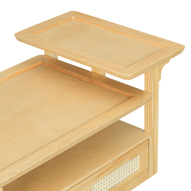 Coffee Table With 1 Storage Shelf, 2 Tabletops And 1 Rattan Drawer