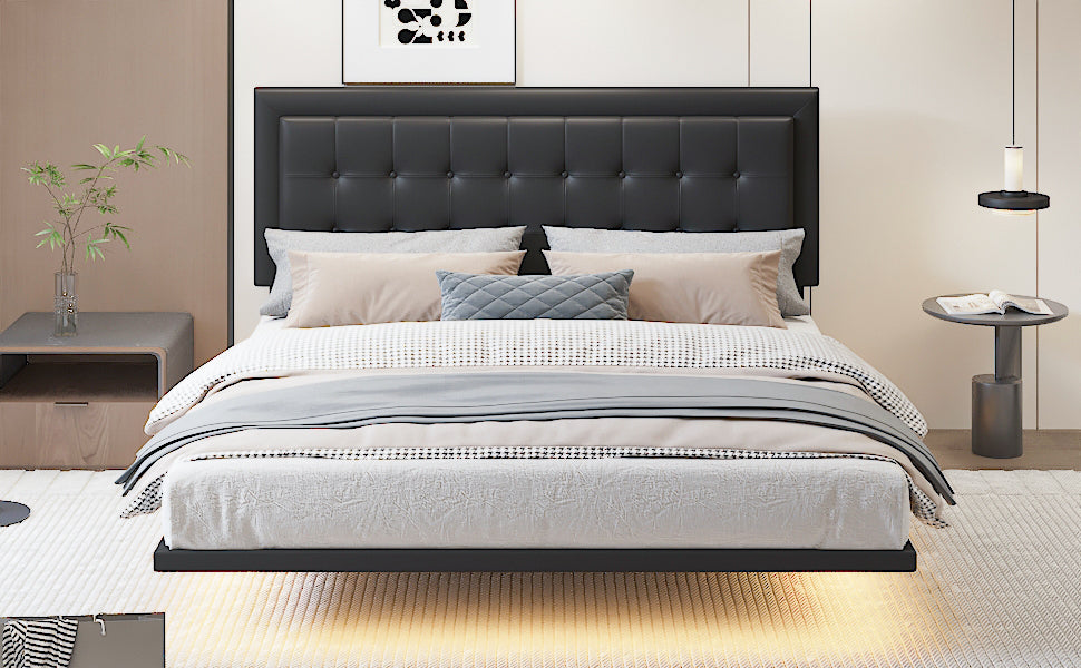 Queen Size Floating Bed Frame with Motion Activated Night Lights,Modern PU Upholstered Button Tufted Platform Bed Frame,Black - Atlantic Fine Furniture Melbourne FL