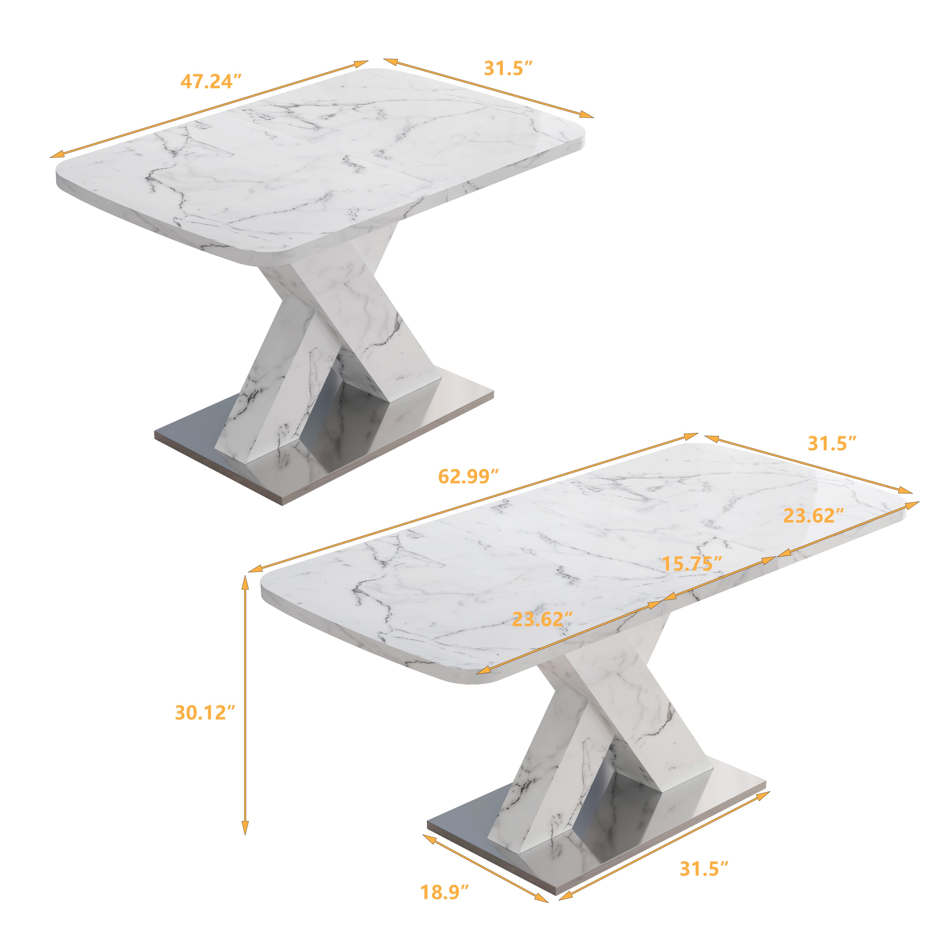 Modern Square Dining Table, Stretchable, with Printed White Marble Table Top+MDF X-Shape Table Leg with Metal Base