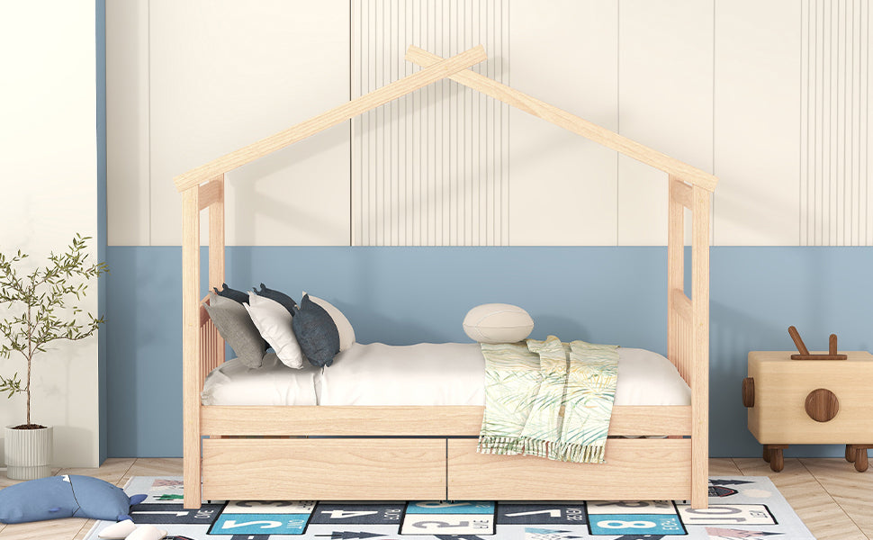 Twin Size Wooden House Bed with Drawers, Natural - Atlantic Fine Furniture Melbourne FL