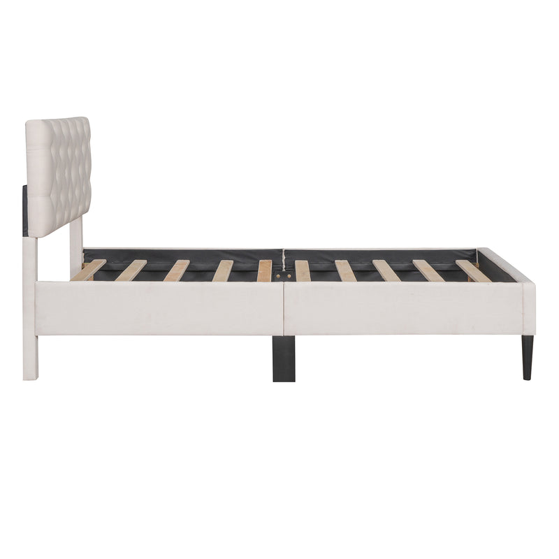 Upholstered Linen Platform Bed, Twin Size, Beige