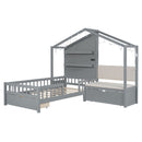 House Bed With Upholstered Sofa, Wireless Charging Station, Shelves And 2 Drawers