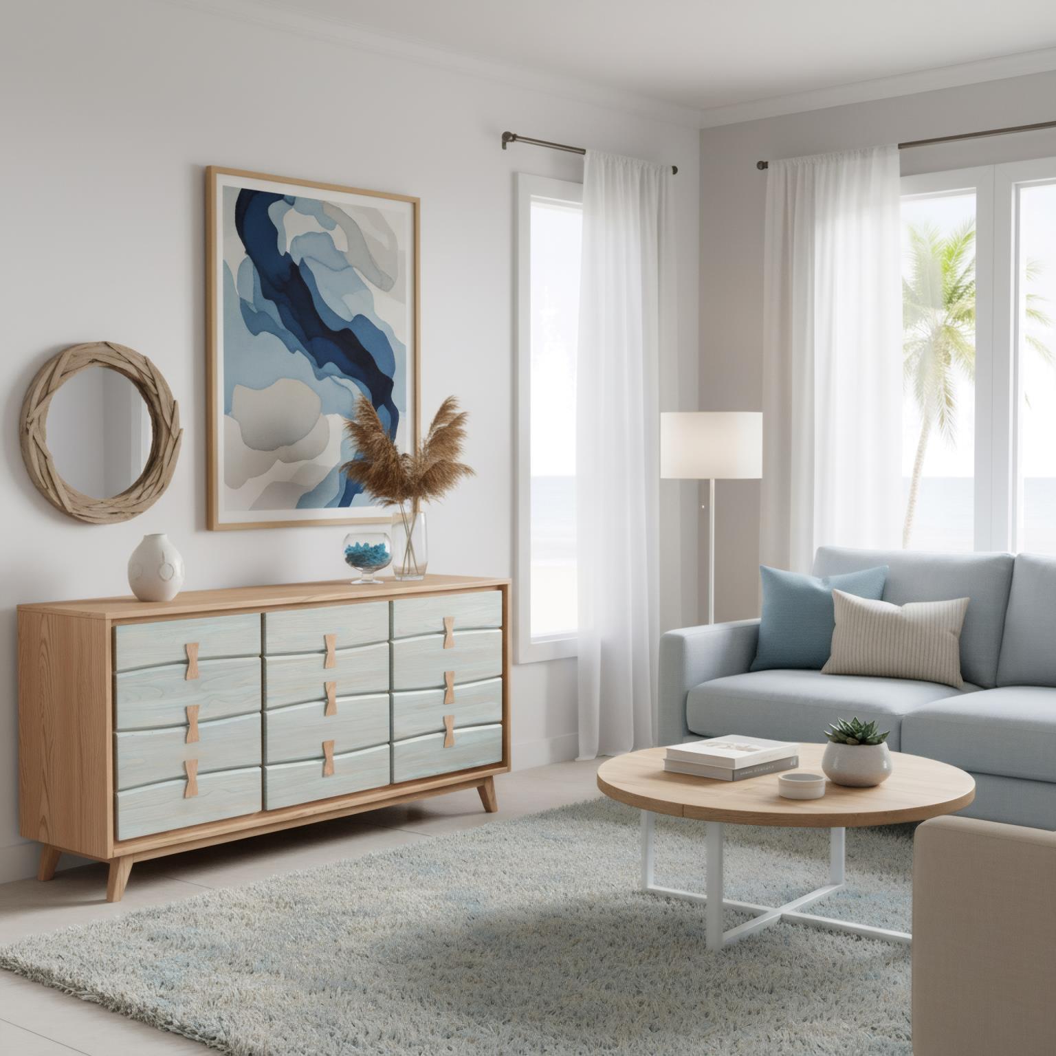 Kona Live Edge Credenza. Washed Ocean and Light Oak finish