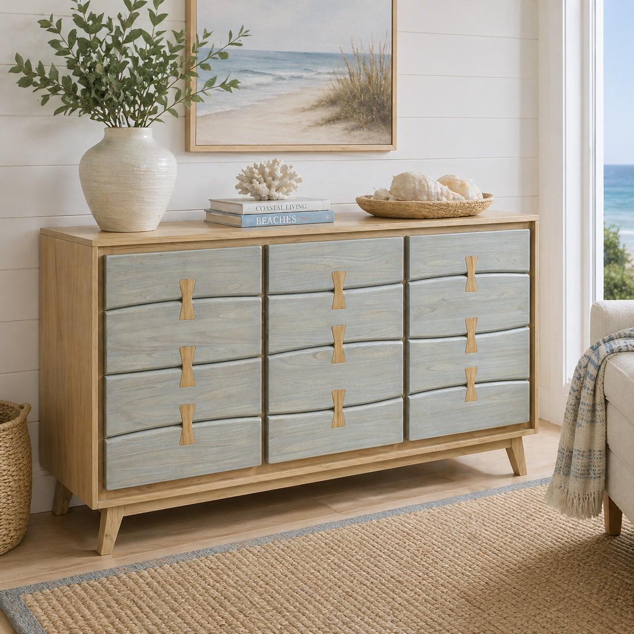 Kona Live Edge Credenza. Washed Ocean and Light Oak finish