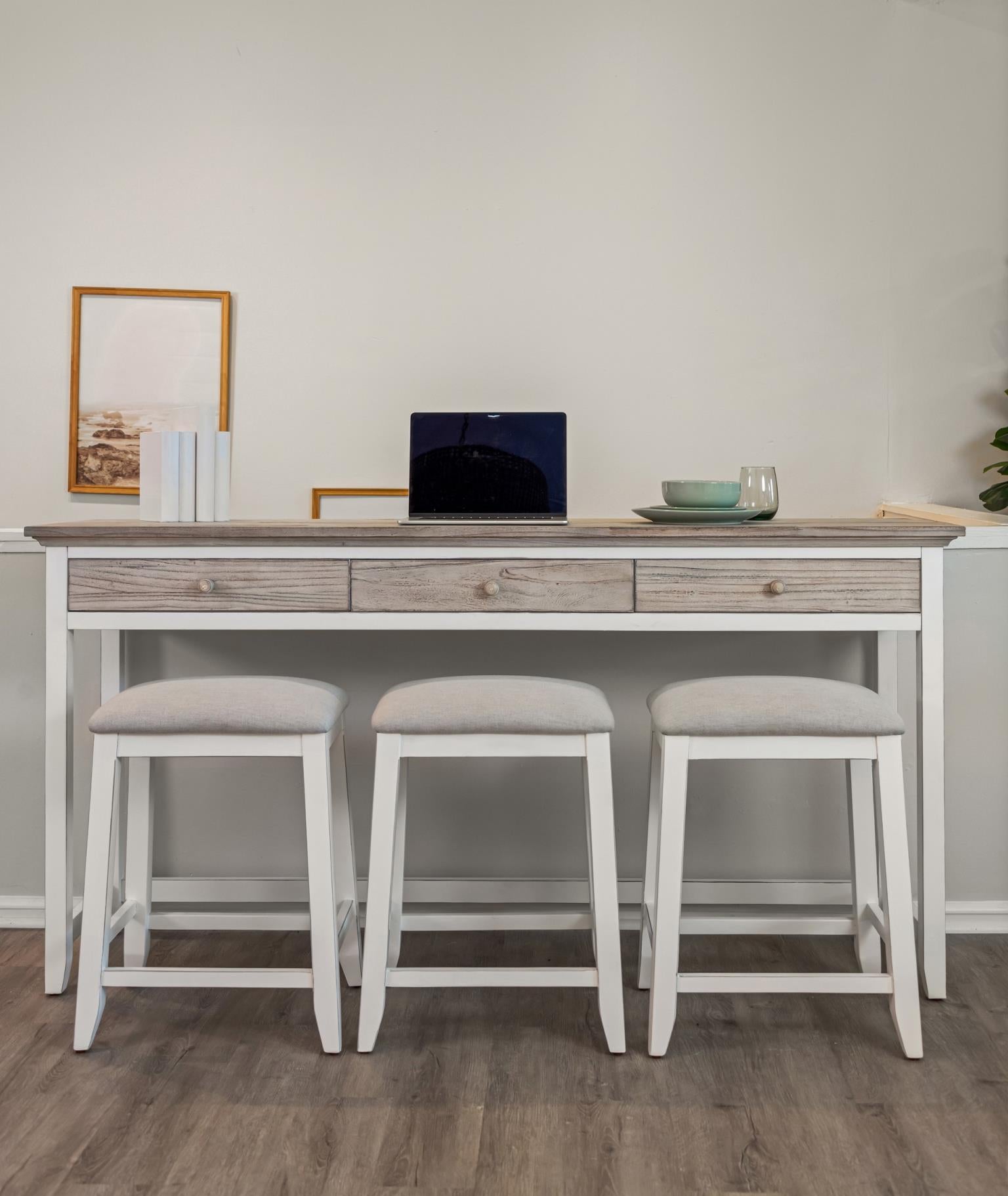 Islamorada 3-Drawer Console Table w/ Power. Dapple Grey Finish