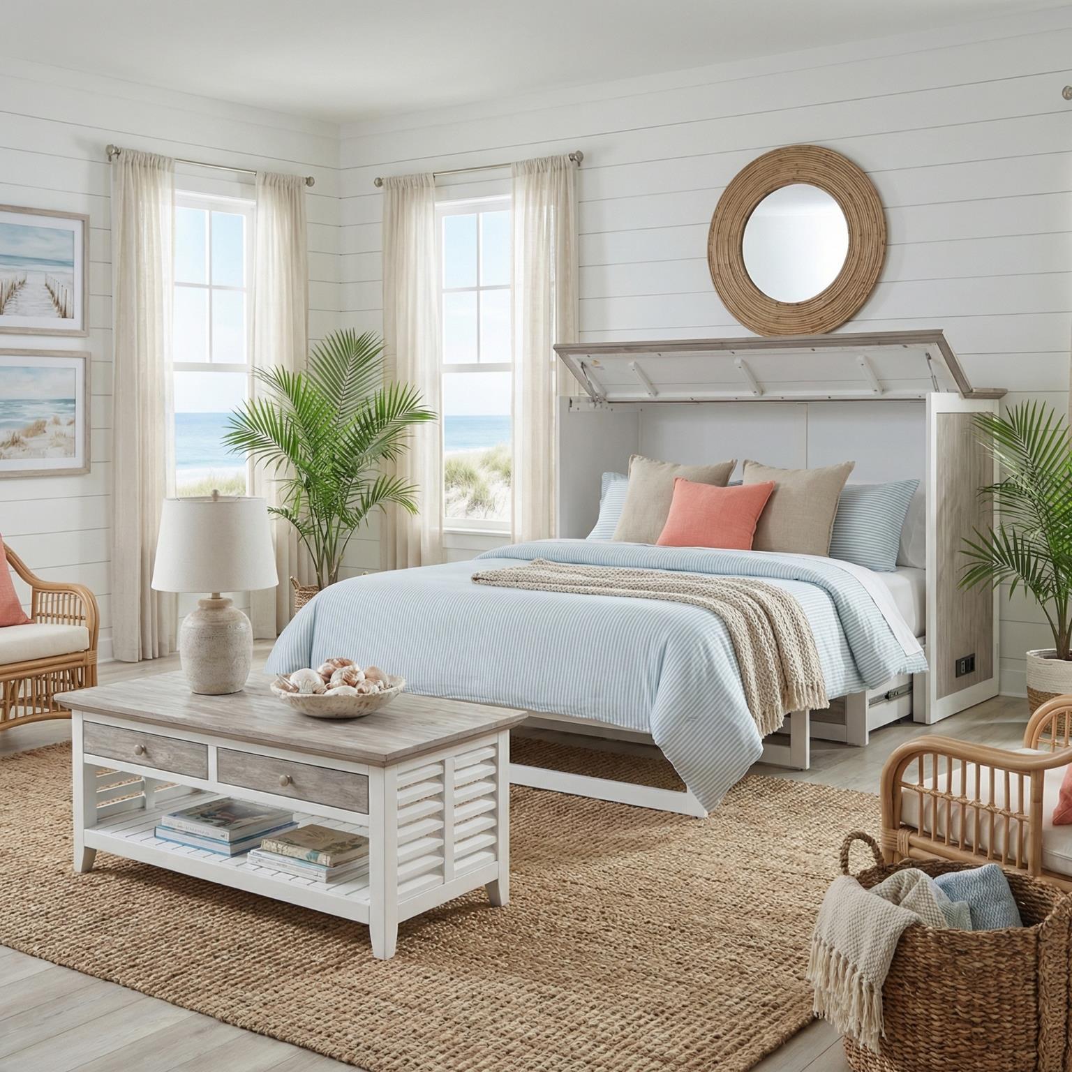 Islamorada Queen Cabinet Bed (flip top); mattress ordered separately. Dapple Grey Finish