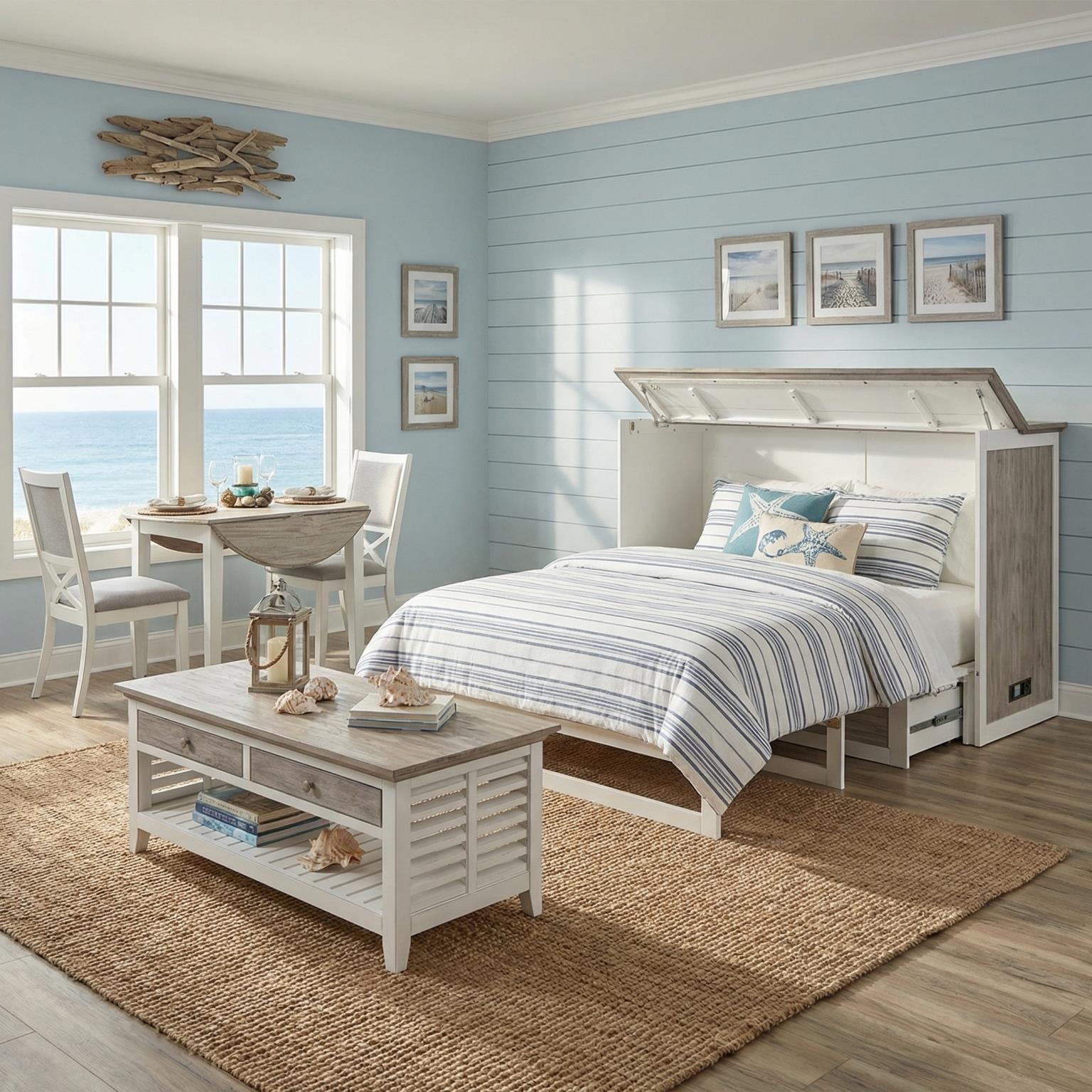 Islamorada Queen Cabinet Bed (flip top); mattress ordered separately. Dapple Grey Finish