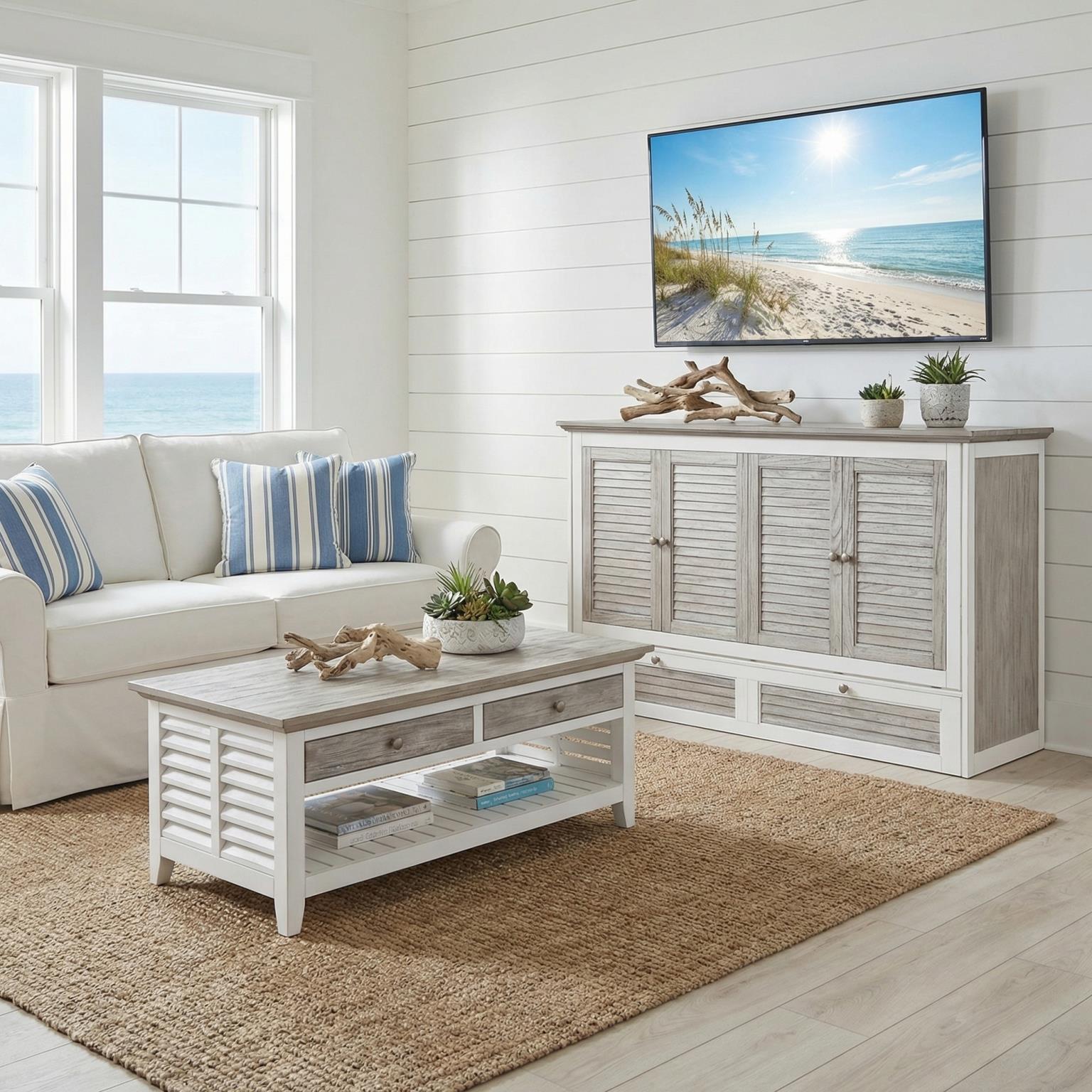 Islamorada Queen Cabinet Bed (flip top); mattress ordered separately. Dapple Grey Finish