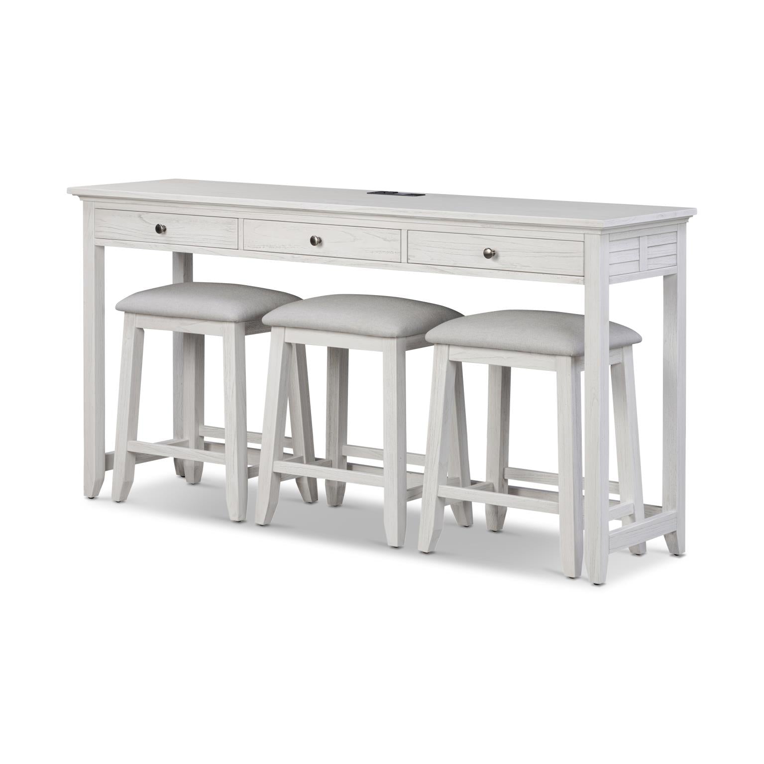 Surfside 3-Drawer Console and 3 Stools - Complete Set. Weathered White finish