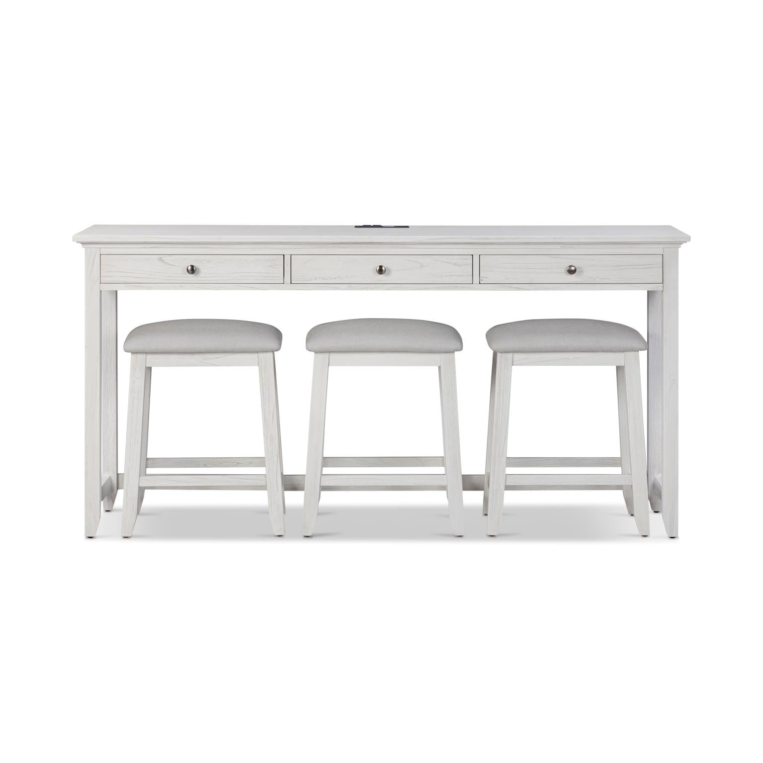 Surfside 3-Drawer Console and 3 Stools - Complete Set. Weathered White finish