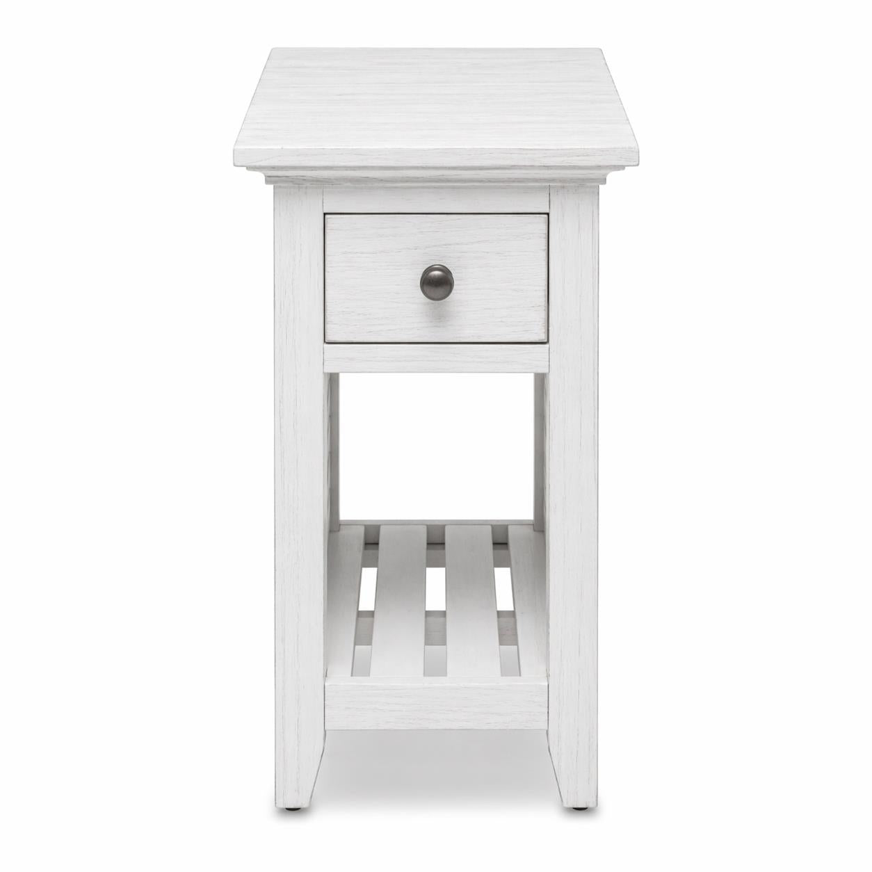 Surfside Shutter Chairside Table. Weathered White Finish