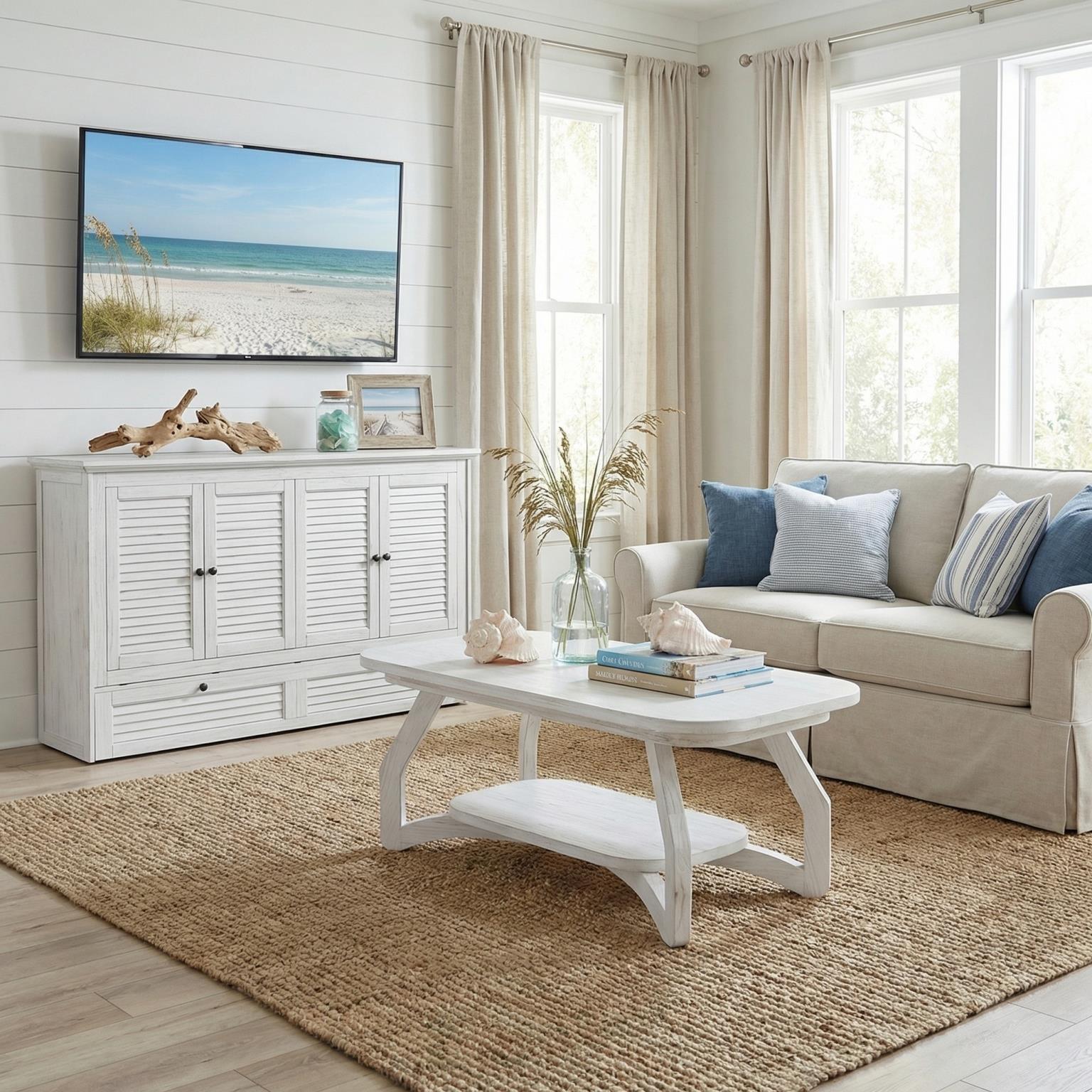 Surfside Queen Cabinet Bed (flip top); mattress ordered separately. Weathered White Finish