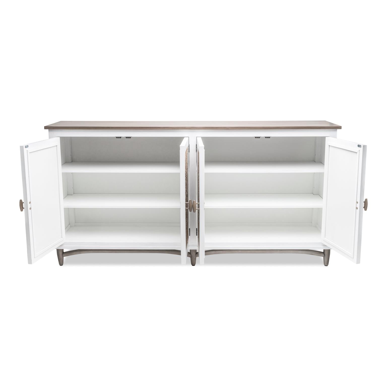 Port Royale 4-Door Credenza. Sea Drift/White Finish.
