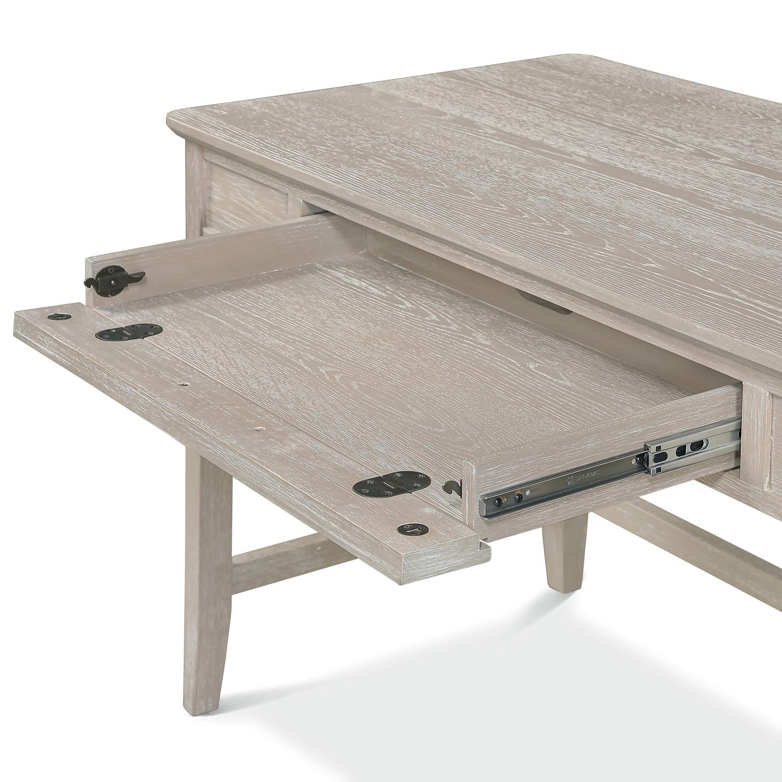 Cape May Writing Desk w/ Power and Upholstered Shutter Back Chair. Glazed Driftwood Finish
