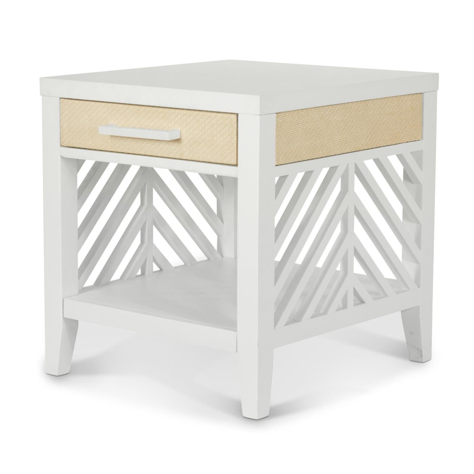 Miramar 1-Drawer End Table. Sand and Stark White Finish