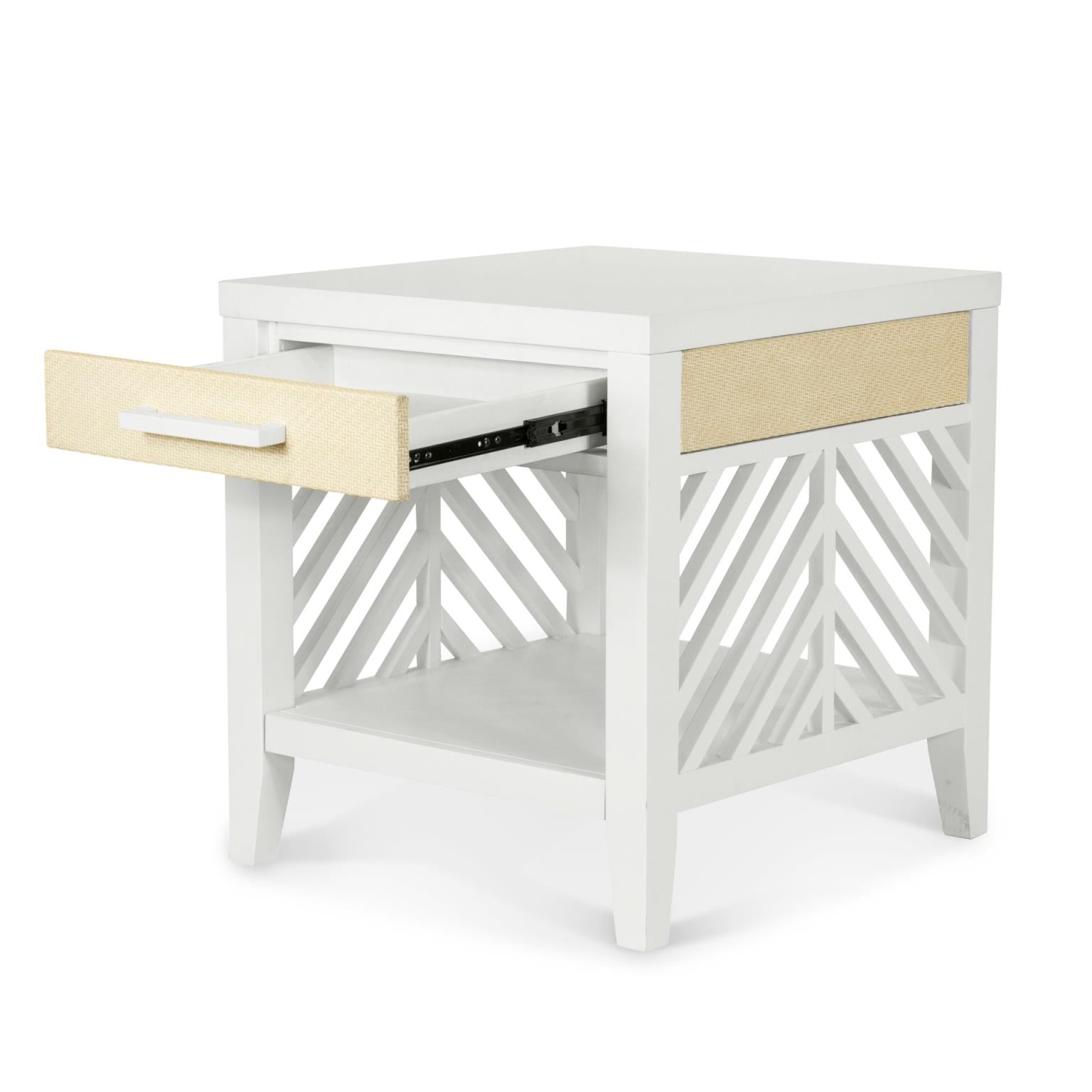 Miramar 1-Drawer End Table. Sand and Stark White Finish