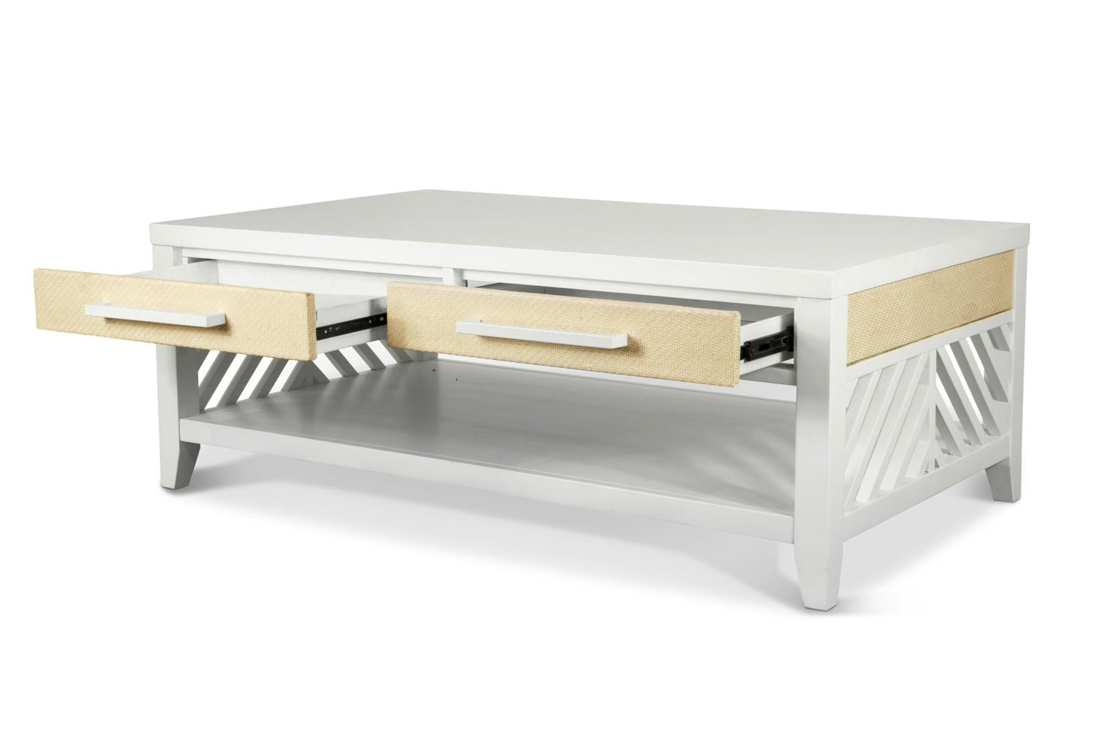 Miramar 2-Drawer Cocktail Table w/ Casters. Sand and Stark White Finish