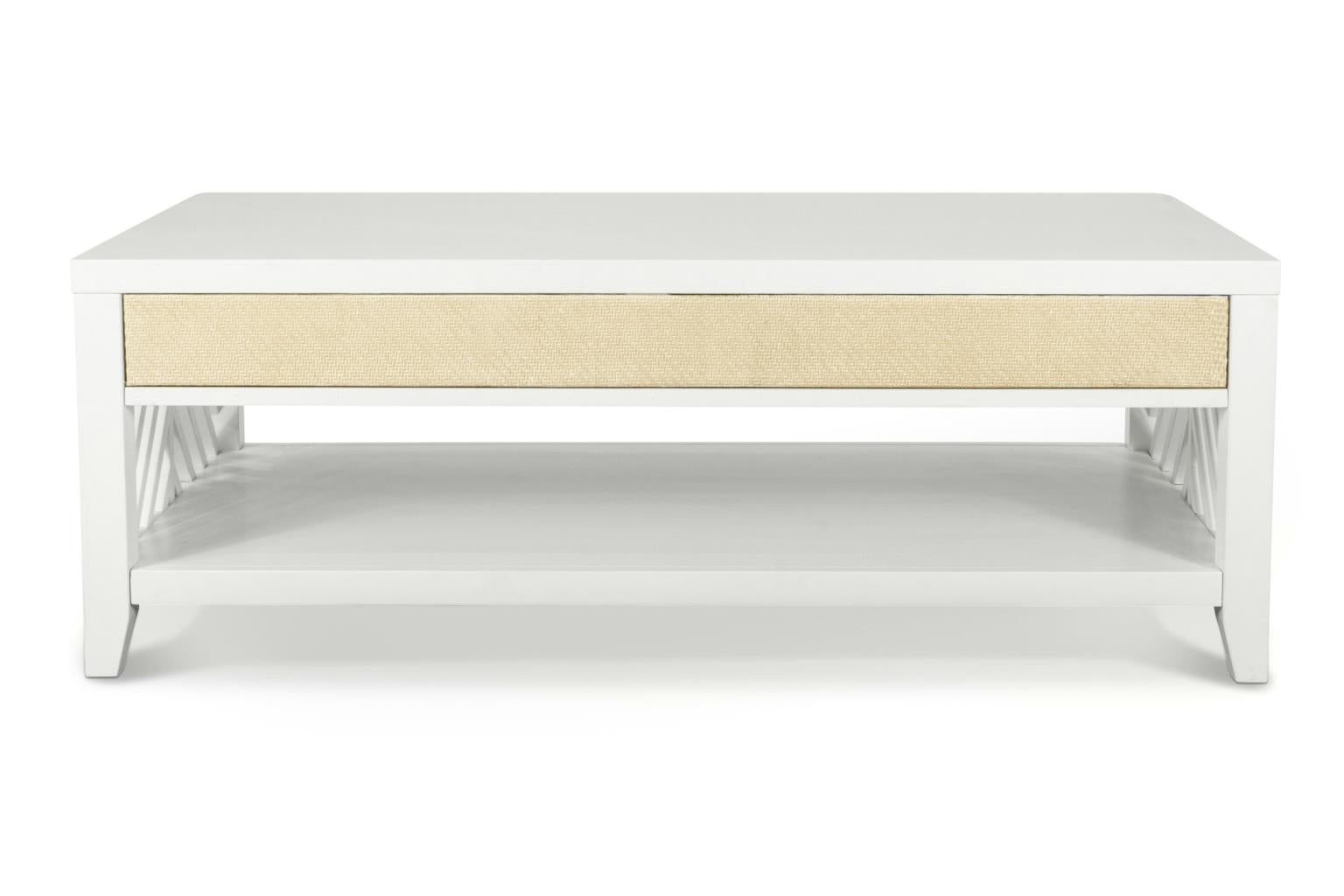 Miramar 2-Drawer Cocktail Table w/ Casters. Sand and Stark White Finish