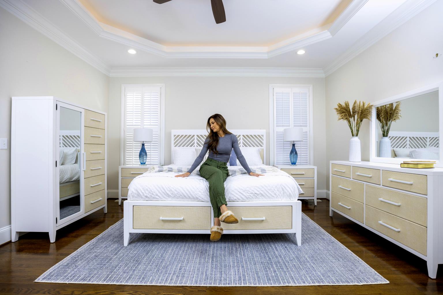 Miramar King Storage Bed Complete. Sand and Stark White Finish