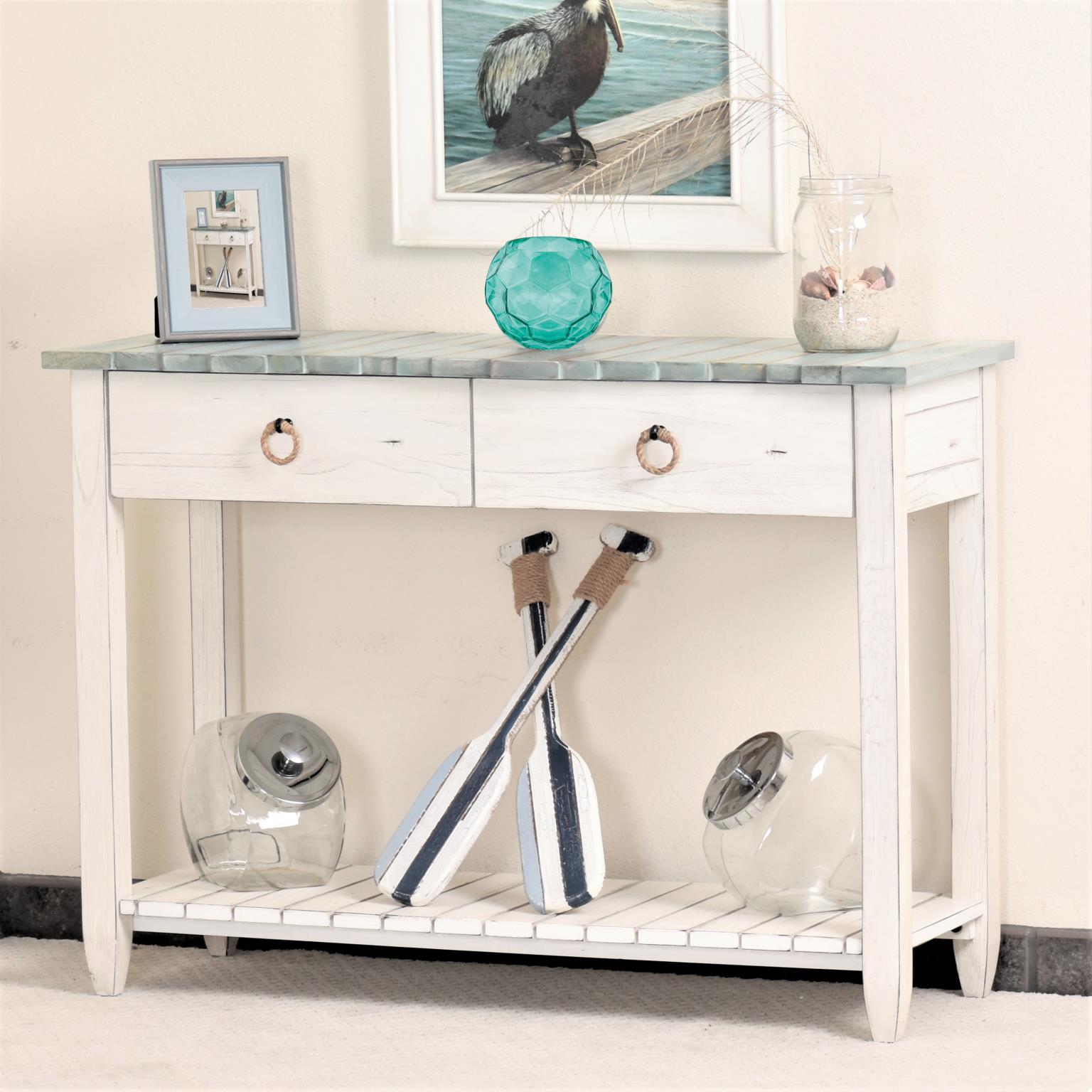 Picket Fence Console Table Distressed Bleu/White Finish