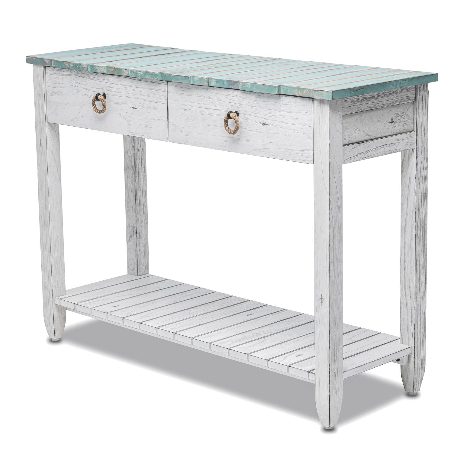 Picket Fence Console Table Distressed Bleu/White Finish