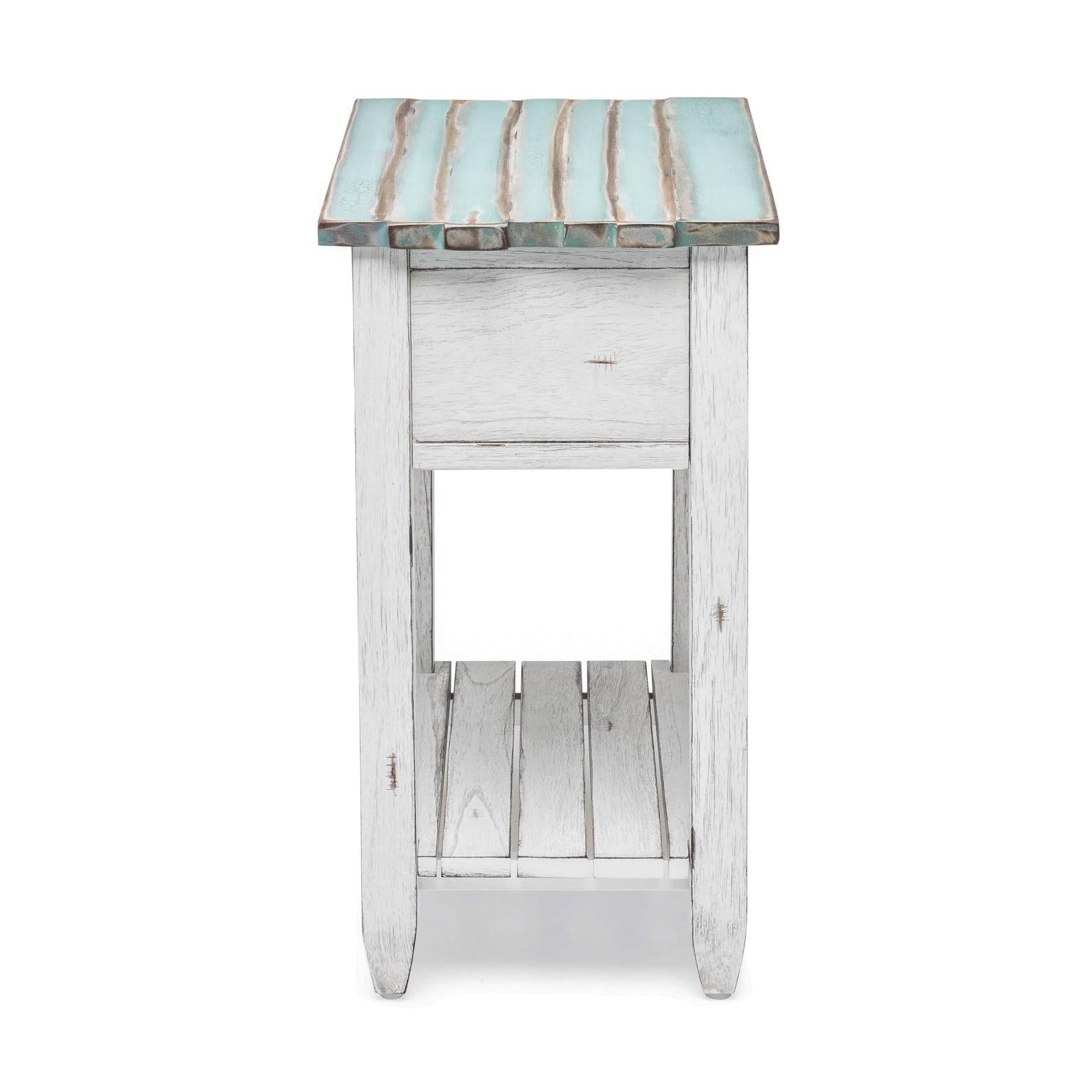 Picket Fence Chairside Table Distressed Bleu/White Finish