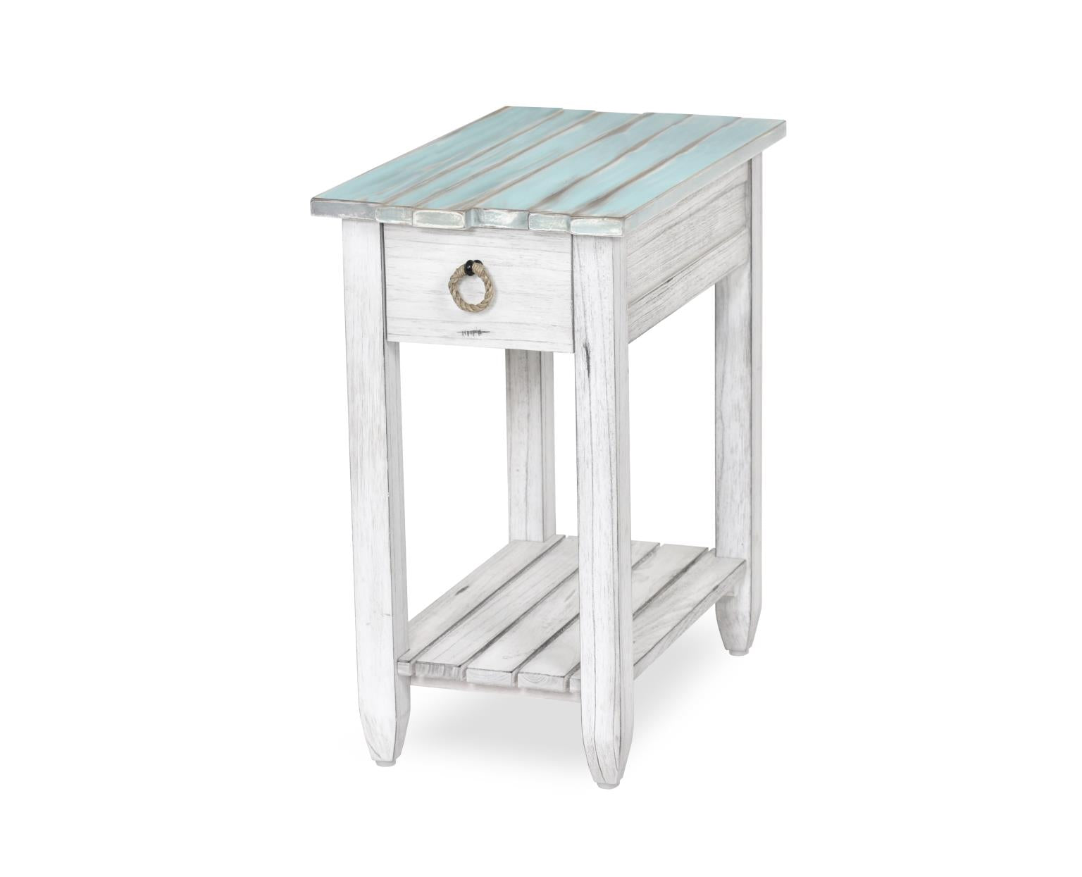 Picket Fence Chairside Table Distressed Bleu/White Finish