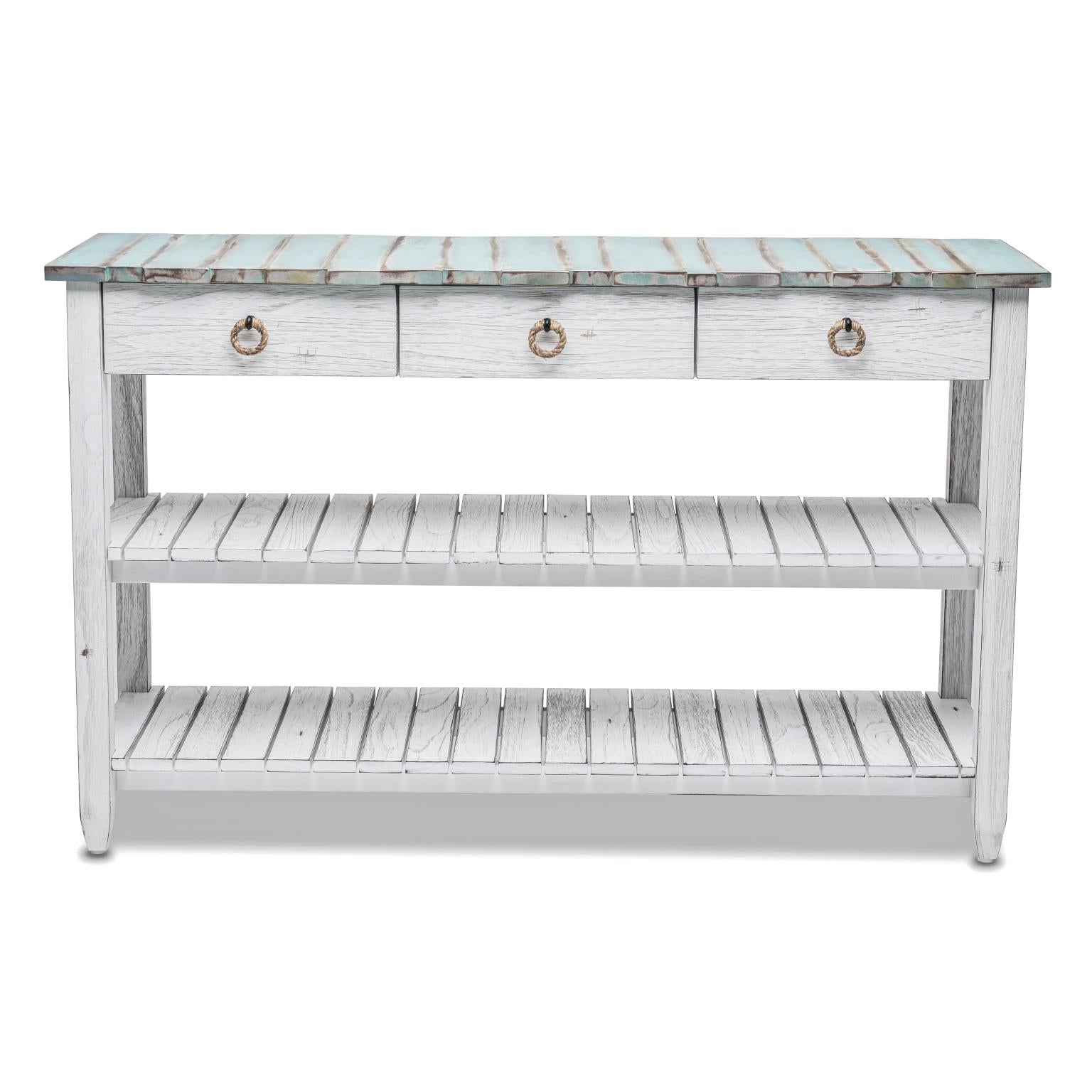 Picket Fence Entertainment Center. Distressed Bleu/ White Finish